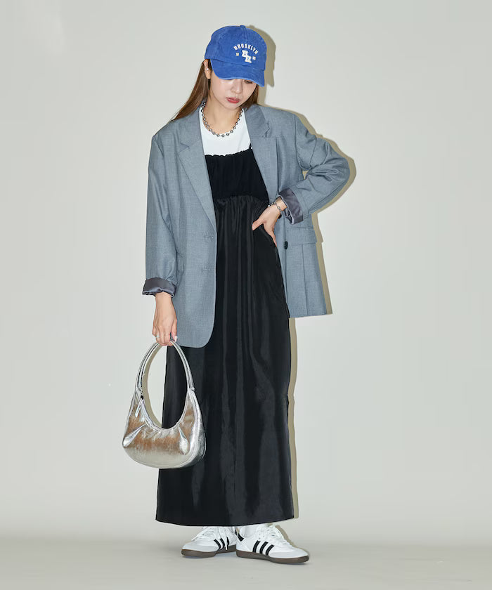 Mixed Material Shirring Satin Dress Limited Release