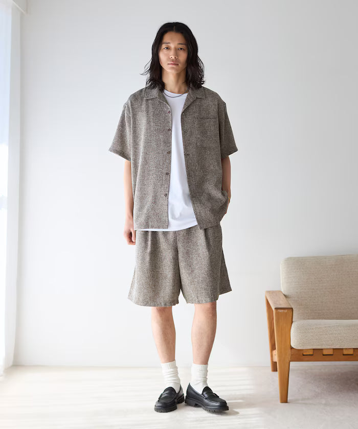 Summer Tweed Short Sleeve Open Collar Shirt / Suitable for Setup