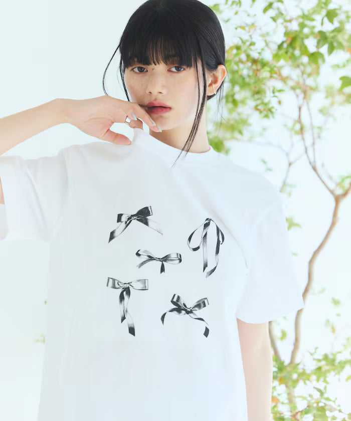 Comfortable Ribbon Print Crew Neck T-shirt - White