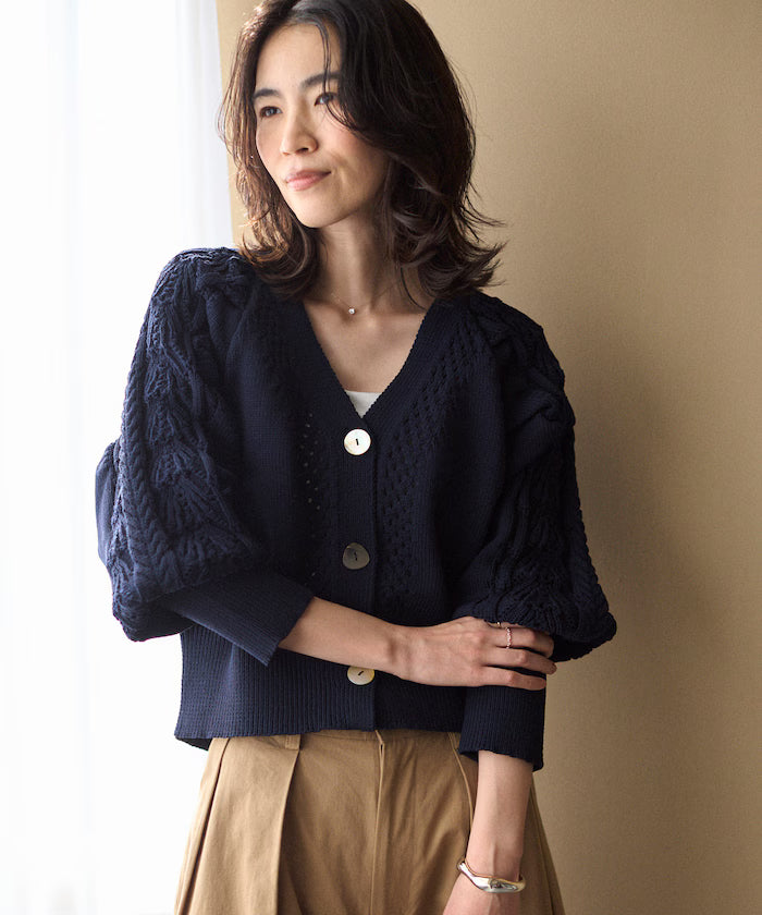 Variation Button Volume Sleeve Cable Knit Cardigan