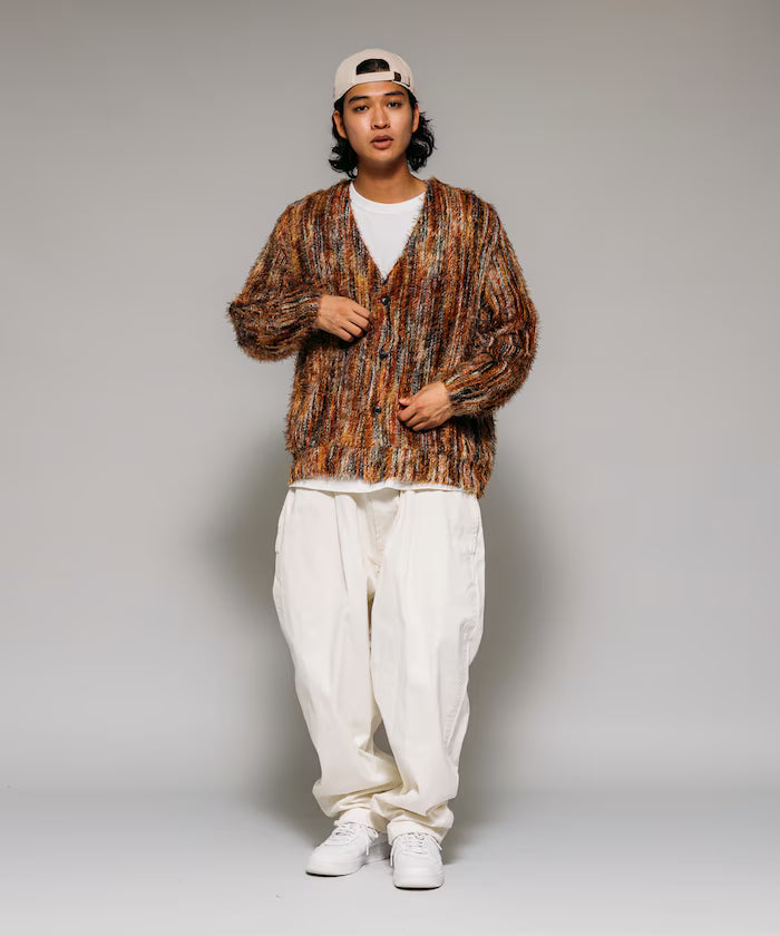 Relaxed Fit Shaggy Knit Multi-Stripe Cardigan