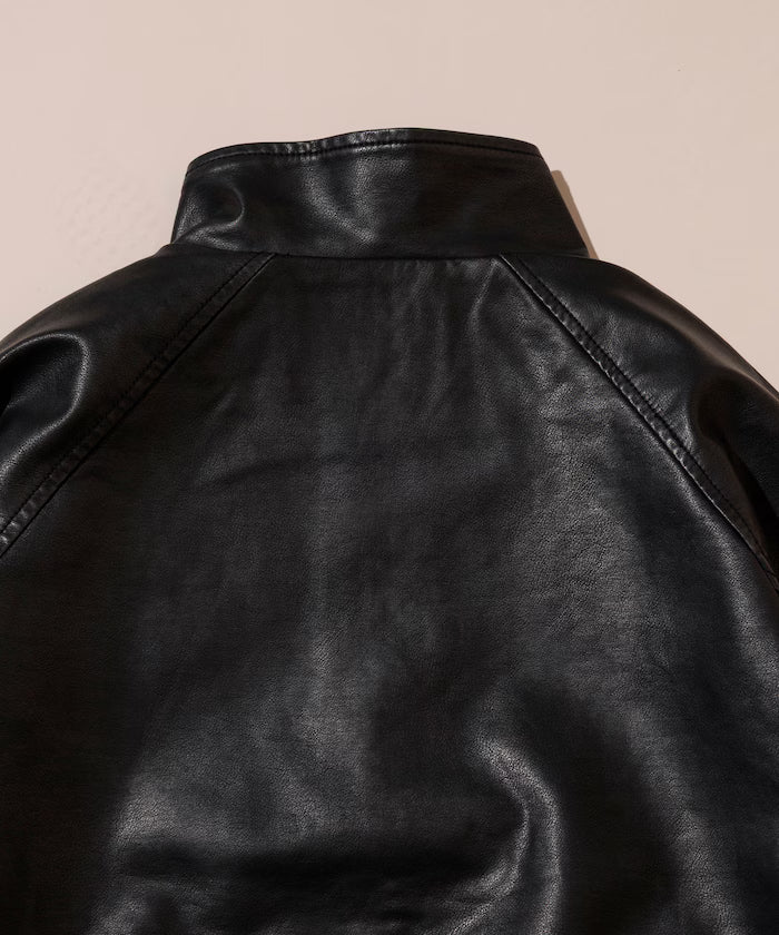 Washed processed leather red stand collar zip-up short blouson