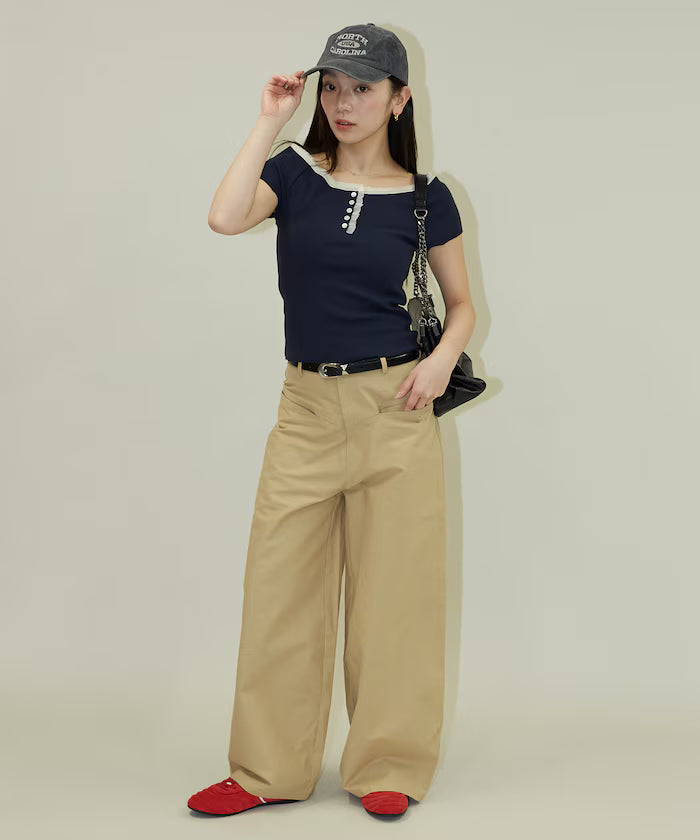 Collar Lace Contrast Henry Rib T-Shirt