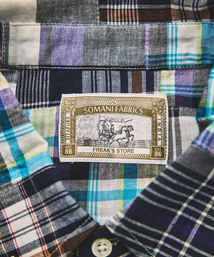 Indian-made Relaxed Fit Madras Check Patchwork Button-down Short Sleeve Shirt