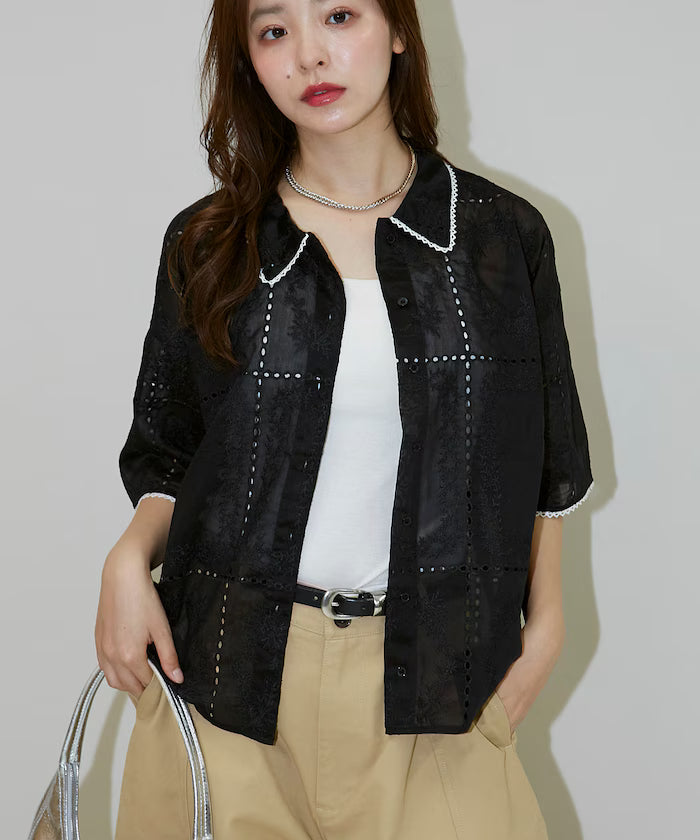 Pico race lace color collar lace shirt limited edition - Black