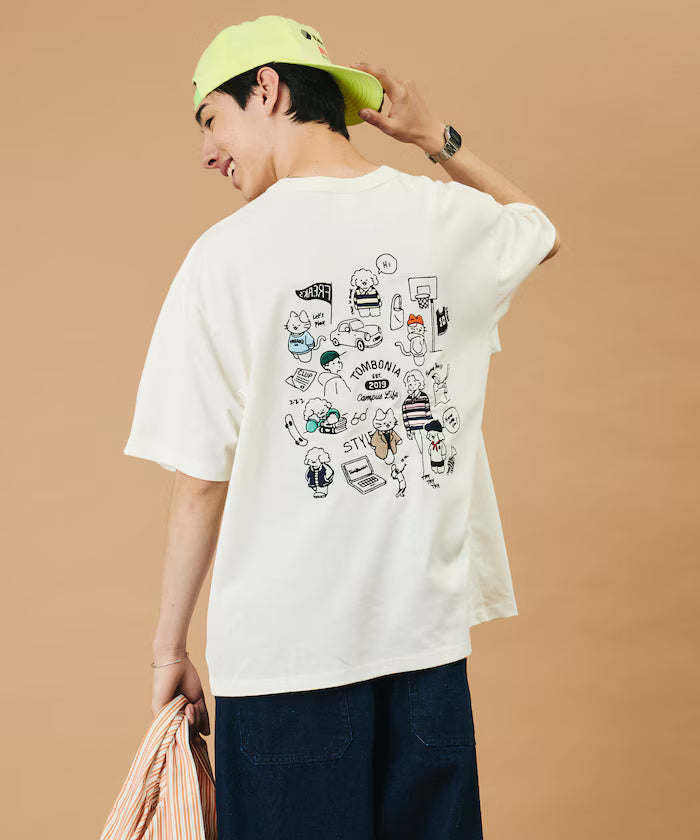 tombonia/Tombonia Back Print Crew Neck T-Shirt/Campus Life - White