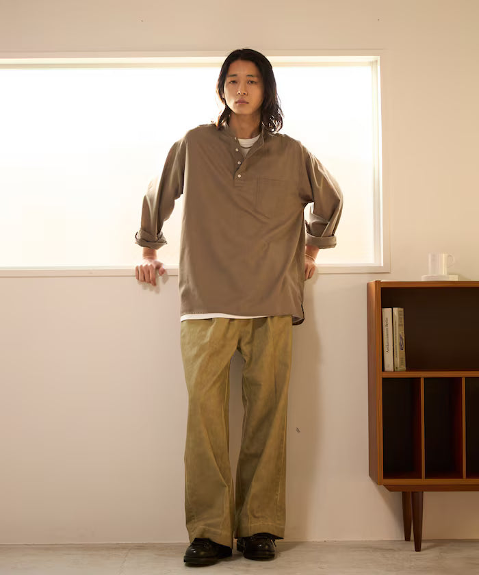 Relax Fit Linen Mix Band Collar Pullover Shirt [Limited Edition]