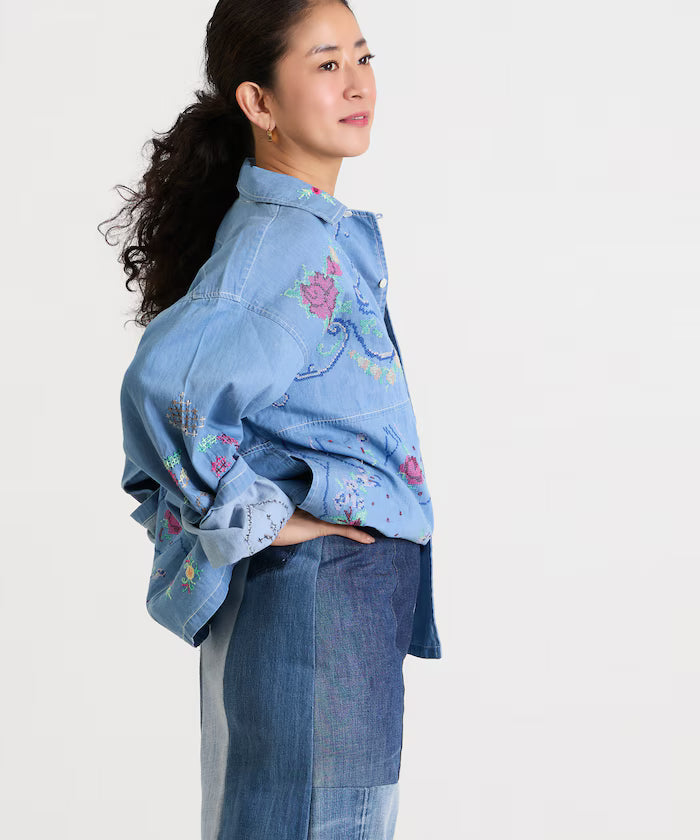 Open Collar Embroidered Shirt Jacket