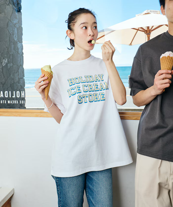 HOLIDAY ICECREAM×FREAK'S STORE Limited Edition Big Silhouette College Print Crew Neck T-Shirt - White