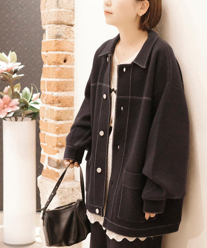 Oversized Wool Blend Knit Coverall / Color Stitch Knit Jacket
