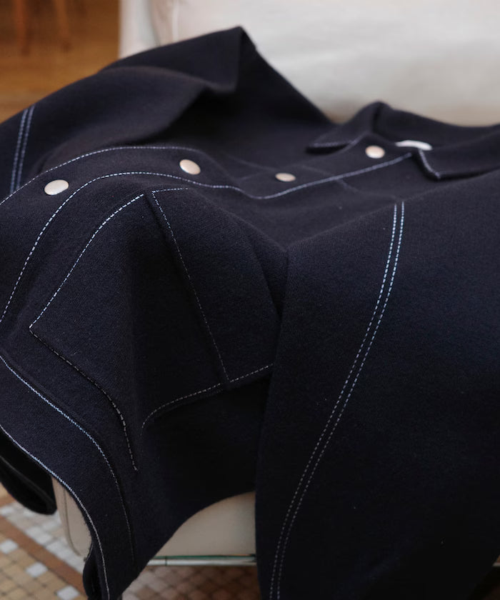 Oversized Wool Blend Knit Coverall / Color Stitch Knit Jacket