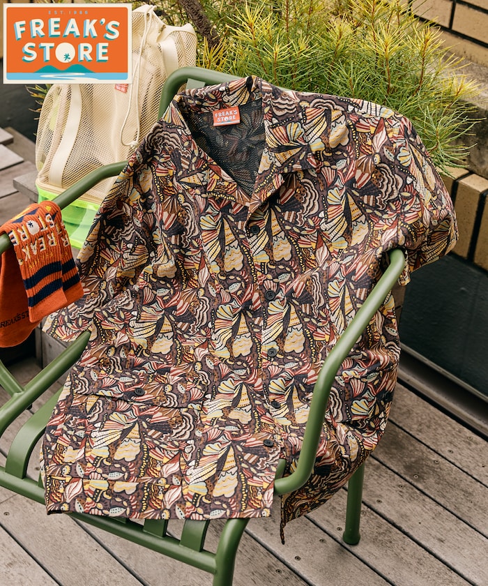 FREAK'S STORE for BEACH & FES Recycled Nylon Short Sleeve Shirt - Brown Batik