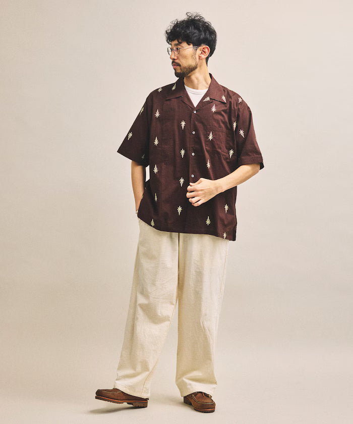 India-made all-over pattern embroidered relax-fit open collar short sleeve shirt