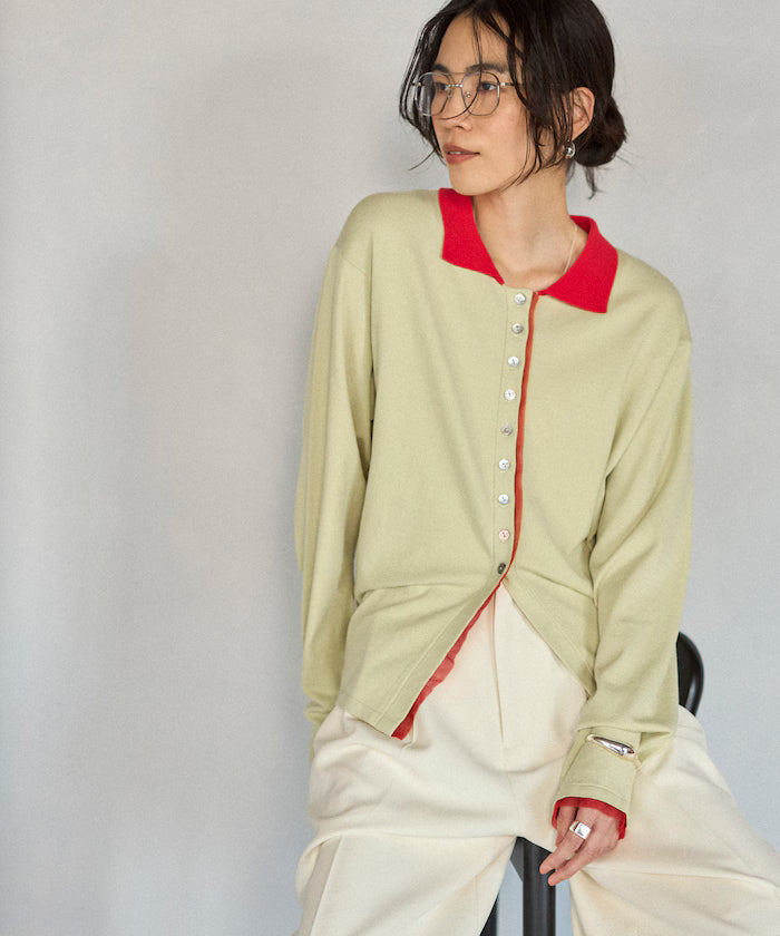 Color Design Fake Layered Long Sleeve Polo Knit Cardigan