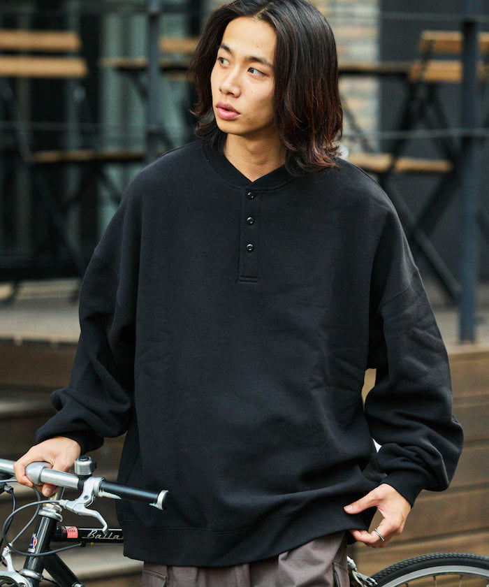 Big Silhouette Henley Neck Sweat Pullover [Limited Edition] - Black