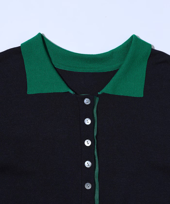 Color Design Fake Layered Long Sleeve Polo Knit Cardigan