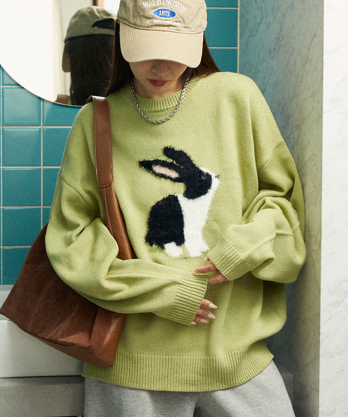 Shaggy Embroidered Rabbit Design Knit Limited Edition - Green