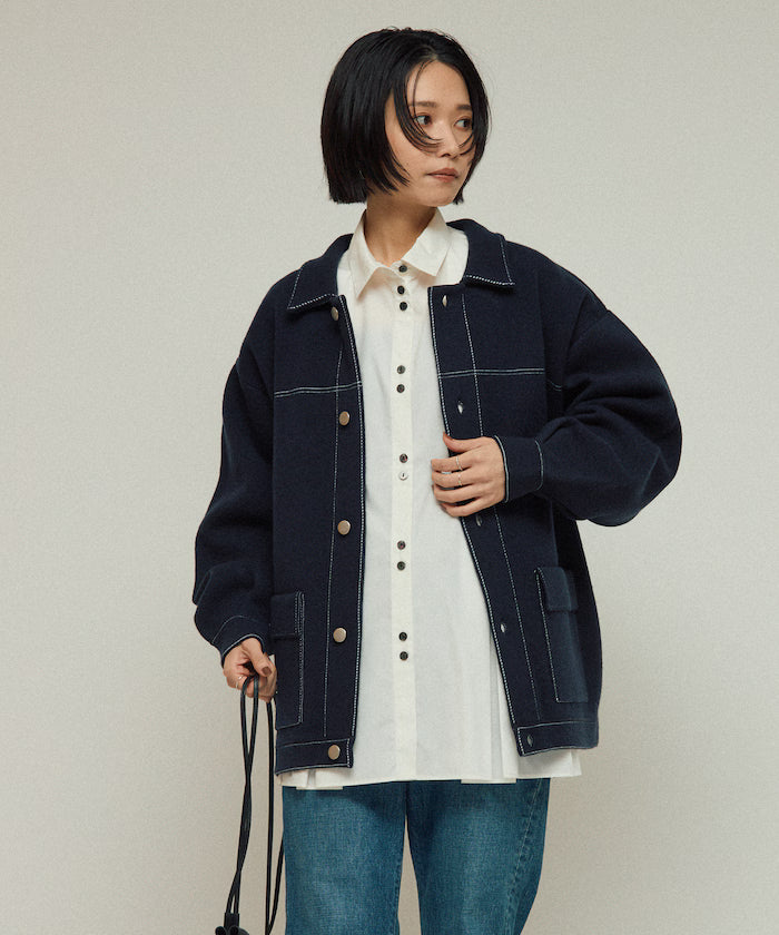 Oversized Wool Blend Knit Coverall / Color Stitch Knit Jacket