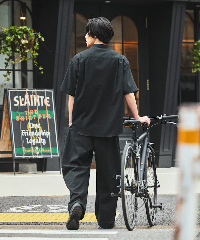 [New Color Added] Quick-Dry Material Relaxed Fit Band Collar Shirt Short Sleeve Linen Feel