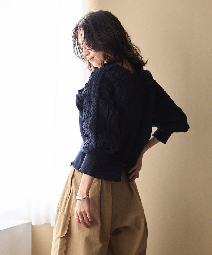 Variation Button Volume Sleeve Cable Knit Cardigan