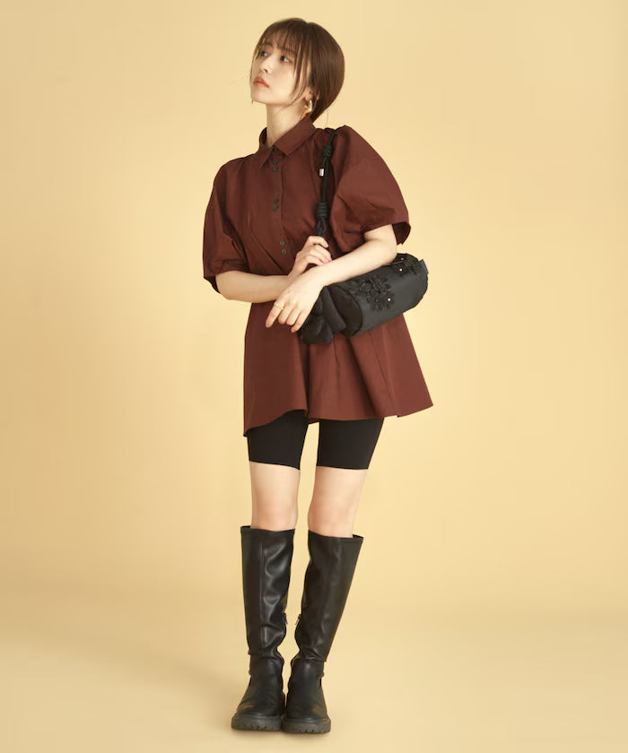 Switching Design Balloon Sleeve Shirt / 5-Minute Sleeve Blouse