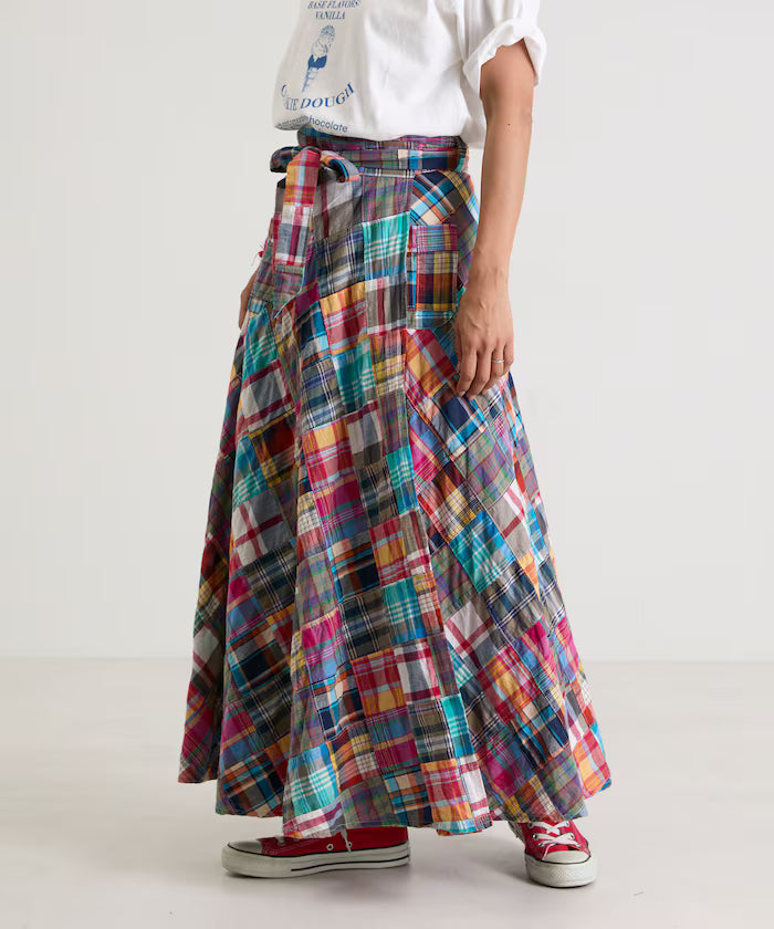 Indian patchwork check wrap skirt