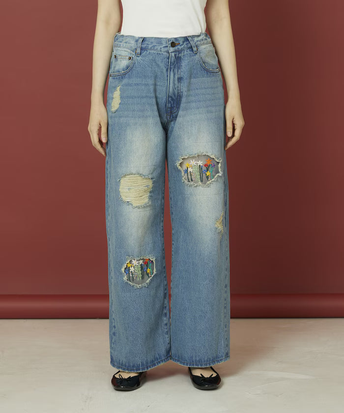 Flower Embroidery Wide Denim