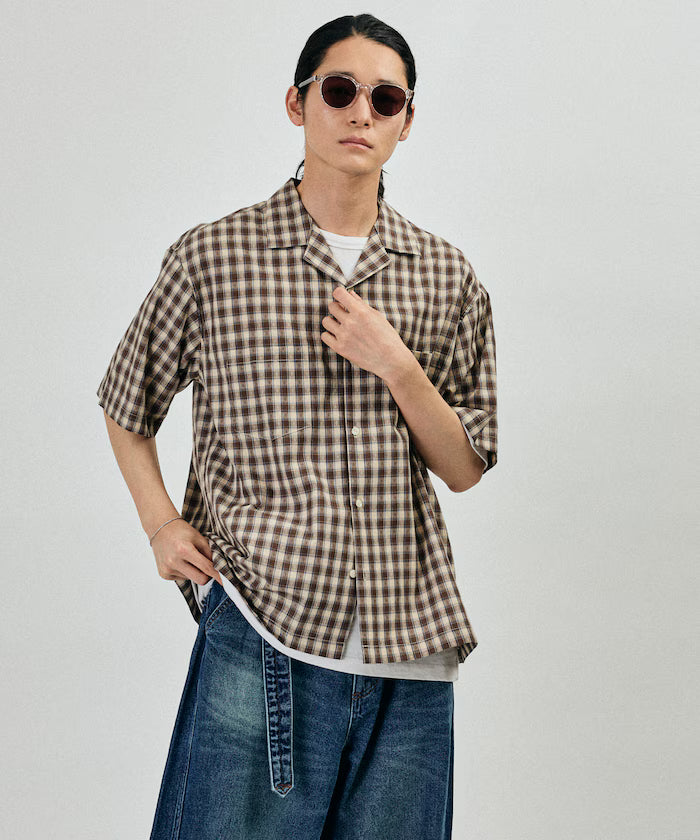 Dobby Woven Check Relaxed Open Collar Short Sleeve Shirt
