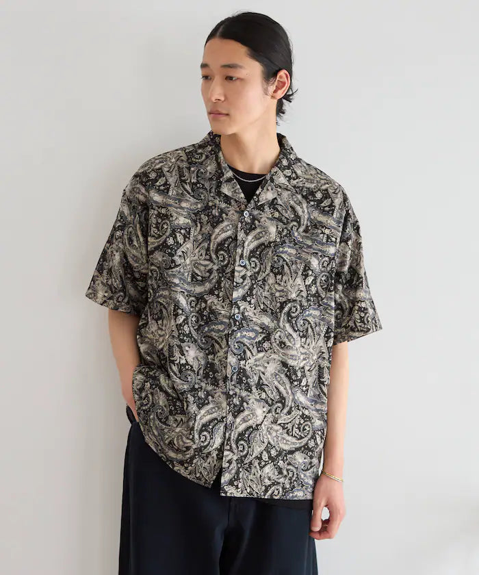 Open collar pattern short sleeve shirt / all-over design open collar shirt / compatible with set-up