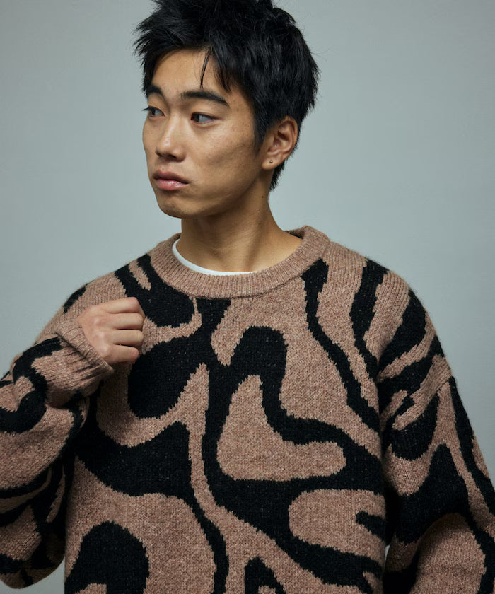 All-over Pattern Double Jacquard Knit Crew Neck Pullover / Relaxed Fit