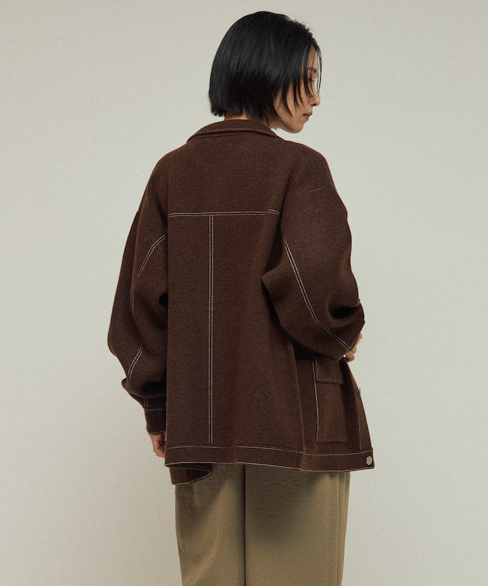 Oversized Wool Blend Knit Coverall / Color Stitch Knit Jacket
