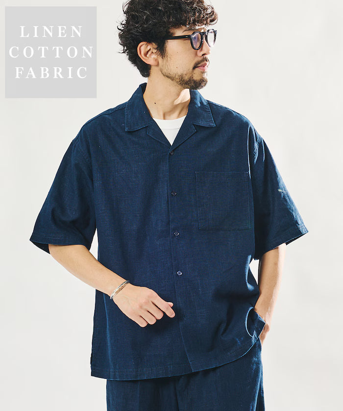 LINEN COTTON OPEN COLLAR SS SHIRT - Navy
