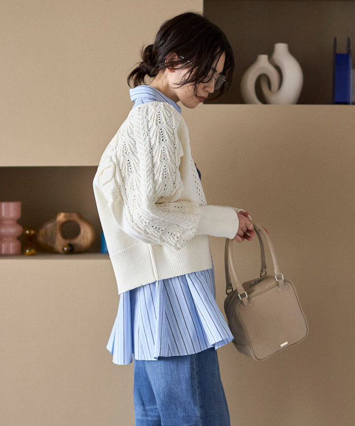 Variation Button Volume Sleeve Cable Knit Cardigan
