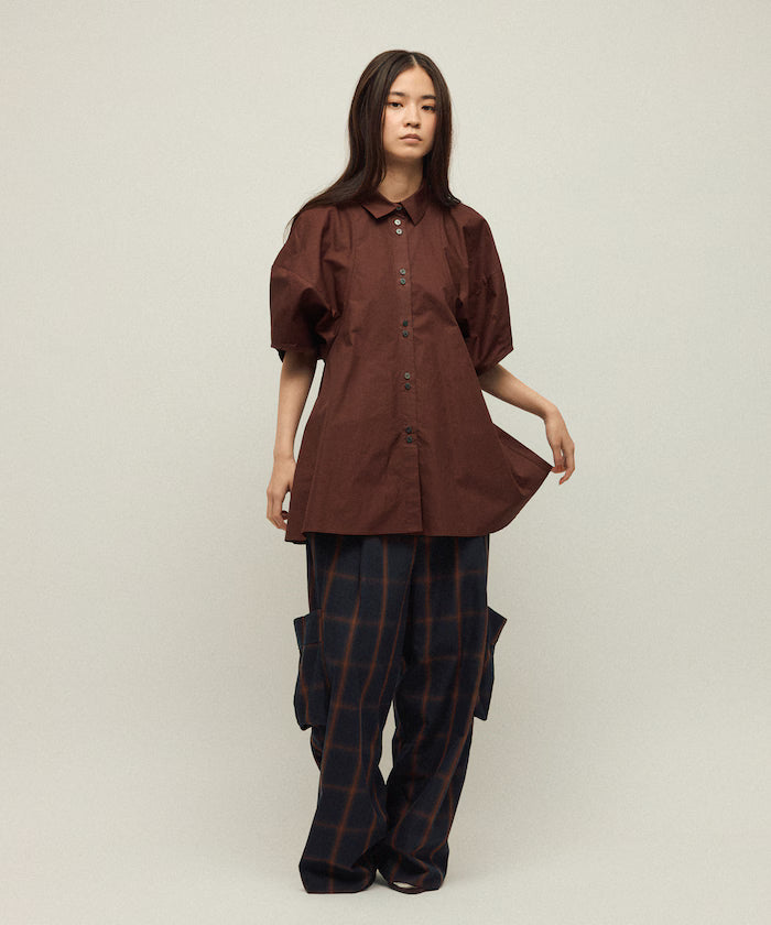 Switching Design Balloon Sleeve Shirt / 5-Minute Sleeve Blouse