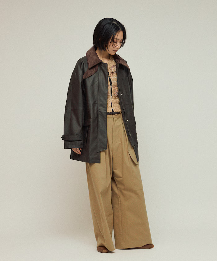 Oversized Crush Leatherette Jacket / Collar Corduroy