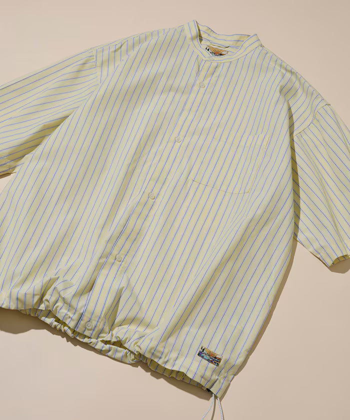 Typewriter Spindle Band Collar Stripe Short Sleeve Shirt