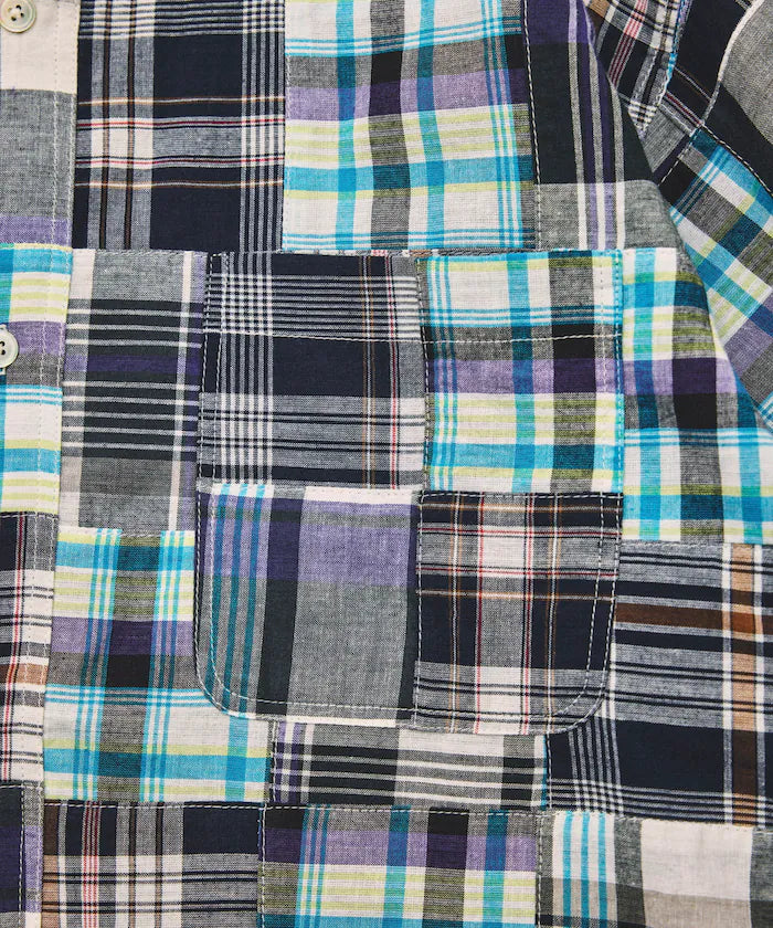 Indian-made Relaxed Fit Madras Check Patchwork Button-down Short Sleeve Shirt