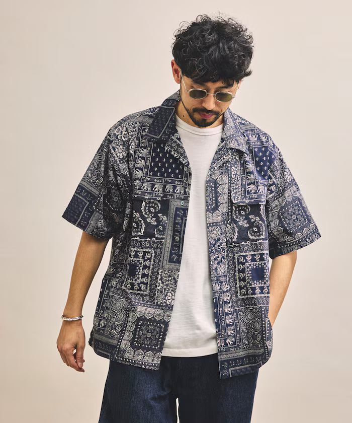 India-made Relaxed Fit Paisley Print Open Collar Short Sleeve Shirt Bandana Pattern