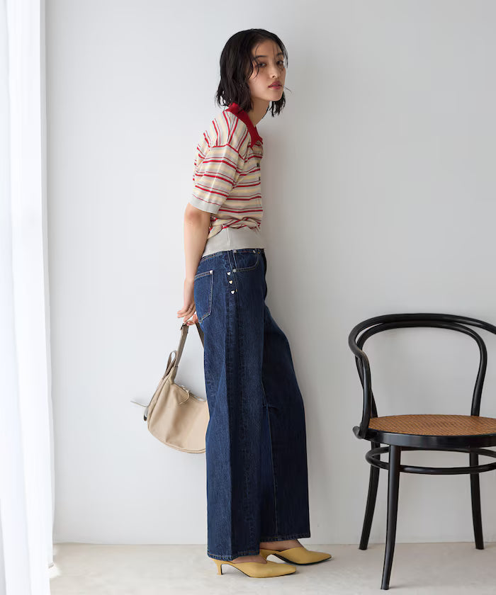 Relaxed Fit Color Design Polo Knit / Bicolor / Multi Stripe
