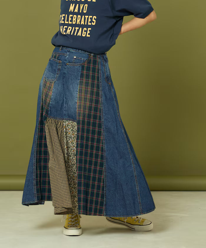 Side Front Denim Color Block Flared Skirt