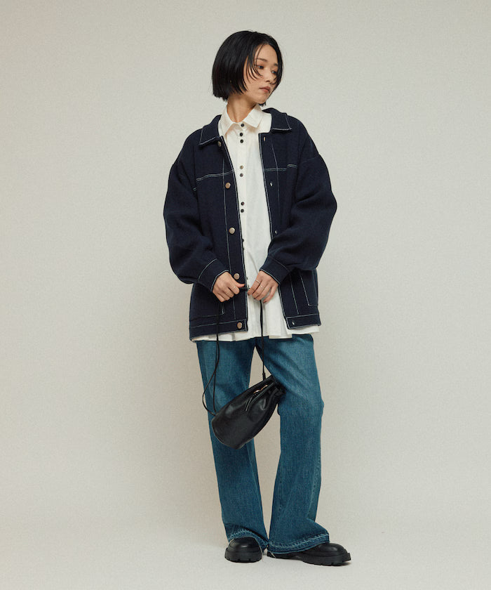 Oversized Wool Blend Knit Coverall / Color Stitch Knit Jacket