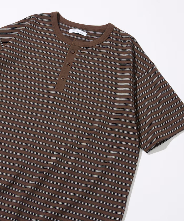 Multi-border Henley Neck Short Sleeve T-shirt - Brown