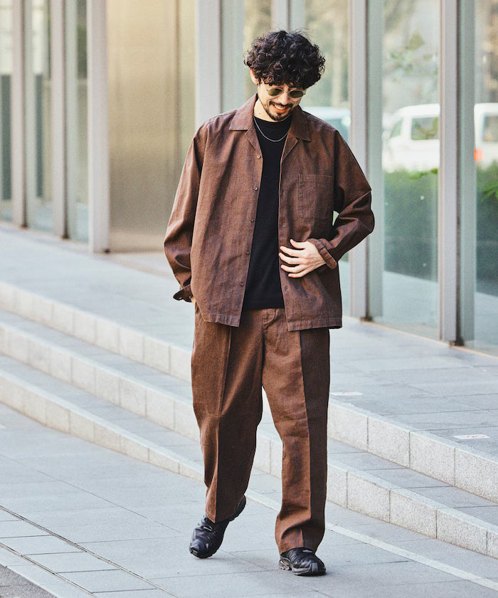 LINEN COTTON OPEN COLLAR SHIRT【Compatible with setups】