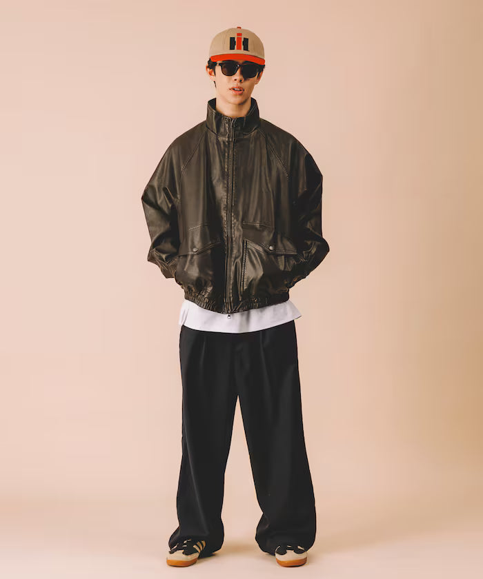 Washed processed leather red stand collar zip-up short blouson