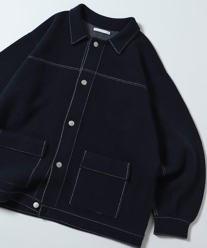 Oversized Wool Blend Knit Coverall / Color Stitch Knit Jacket