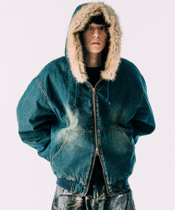 2way fake fur zip-up padded hooded jacket with detachable fur
