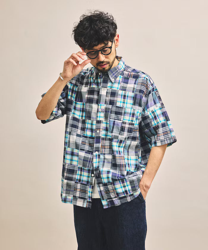 Indian-made Relaxed Fit Madras Check Patchwork Button-down Short Sleeve Shirt