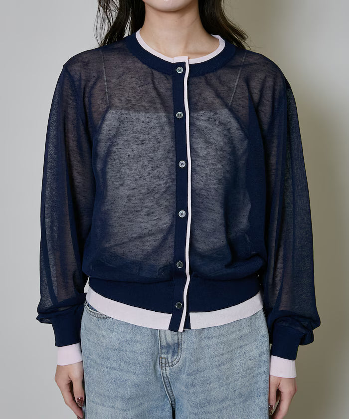 Washable Linen Color Block Sheer Knit Cardigan Limited Edition