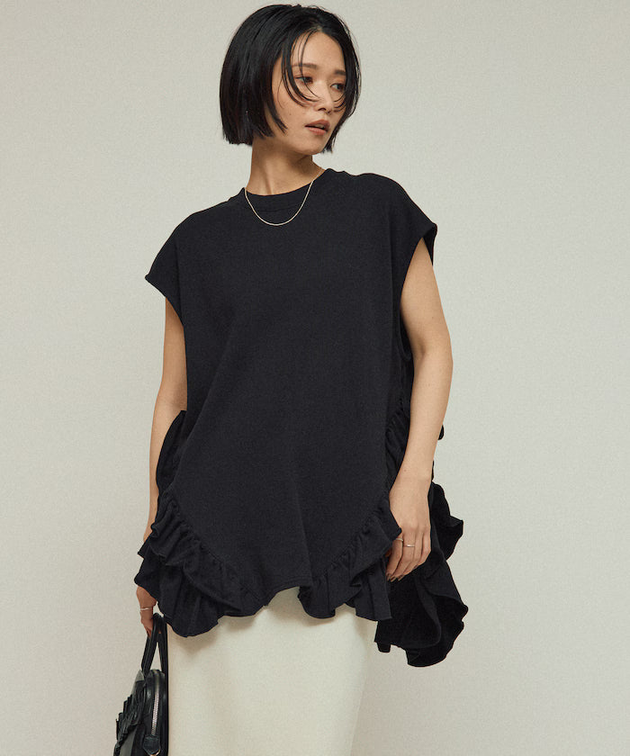 Organic Cotton Frill Hem Top / Relaxed Fit / French Terry Sweat / Best - Black