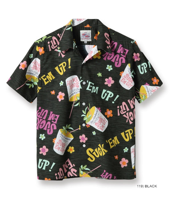DUKE KAHANAMOKU COTTON HAWAIIAN SHIRT “SUCK EM UP!” - BLACK